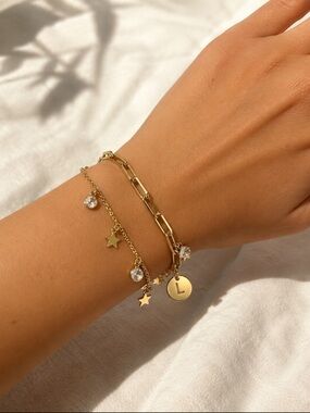 Gold Star & Crystal Charm “L” Layered Bracelet Set